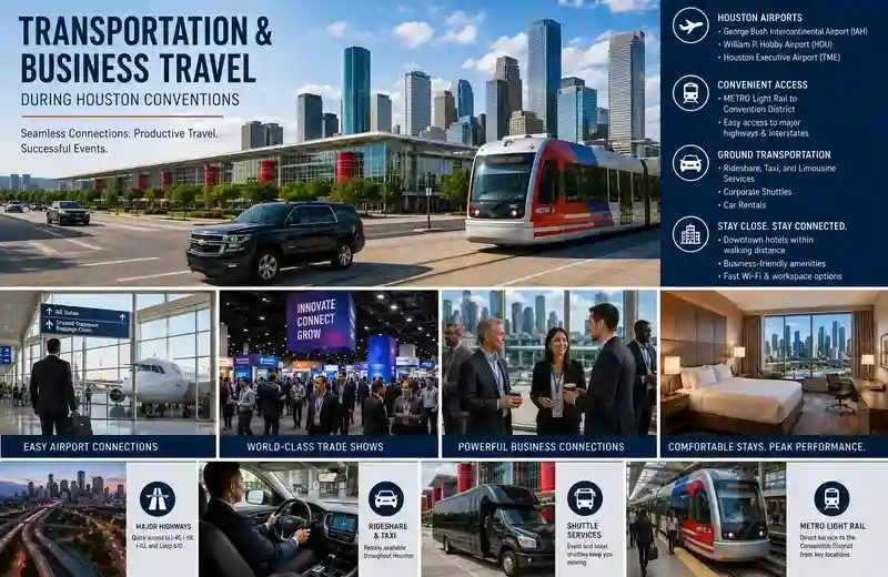 Transportation and business travel during Houston conventions featuring airport transfers, executive transportation, convention center access, business networking travel, and Houston corporate event logistics.